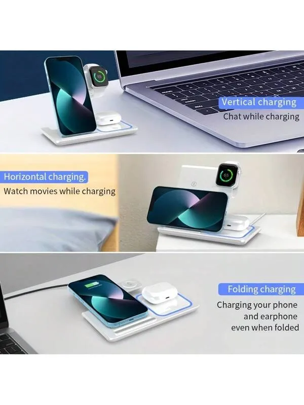 قاعدة شحن لاسلكية 3 في 1، قاعدة شحن سريعة قياسية بقوة 15 وات، مناسبة لأجهزة iPhone 16 15 14 13 12 11 X 8 Pro Max/Pro/Mini/Plus، ولساعة Apple Watch Ultra 9/8 7/6/5/4/3/2، ولسماعات AirPod 4/3/2/Pro