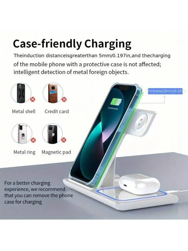 قاعدة شحن لاسلكية 3 في 1، قاعدة شحن سريعة قياسية بقوة 15 وات، مناسبة لأجهزة iPhone 16 15 14 13 12 11 X 8 Pro Max/Pro/Mini/Plus، ولساعة Apple Watch Ultra 9/8 7/6/5/4/3/2، ولسماعات AirPod 4/3/2/Pro