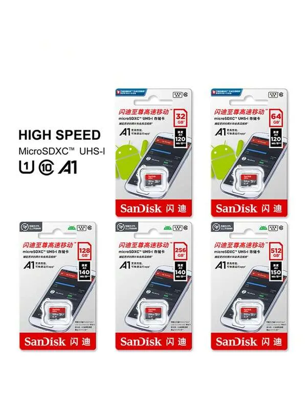 بطاقة ذاكرة SanDisk Micro SD من الفئة 10 MicroSD بسعة 32 جيجابايت و64 جيجابايت و128 جيجابايت و256 جيجابايت و512 جيجابايت A1 Flash Micro SD بسرعة 100 ميجابايت/ثانية وبطاقات TF