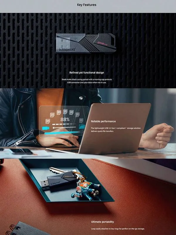 محرك أقراص فلاش USB 3.2 كبير السعة من Kingston بسعة 64 جيجابايت/128 جيجابايت/256 جيجابايت للسيارة والأغاني والكمبيوتر