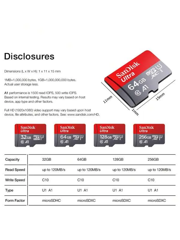 بطاقة ذاكرة SanDisk Micro SD من الفئة 10 MicroSD بسعة 32 جيجابايت و64 جيجابايت و128 جيجابايت و256 جيجابايت و512 جيجابايت A1 Flash Micro SD بسرعة 100 ميجابايت/ثانية وبطاقات TF
