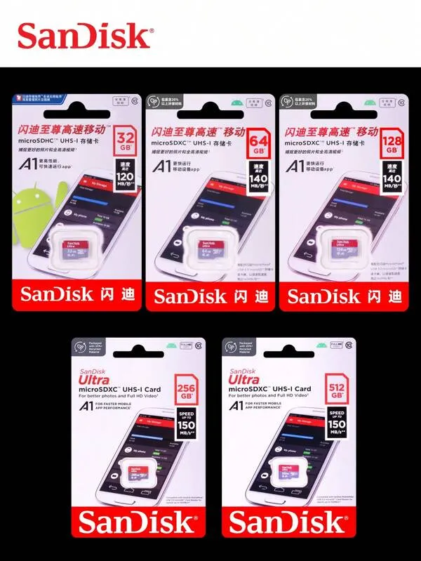 بطاقة ذاكرة SanDisk Micro SD من الفئة 10 MicroSD بسعة 32 جيجابايت و64 جيجابايت و128 جيجابايت و256 جيجابايت و512 جيجابايت A1 Flash Micro SD بسرعة 100 ميجابايت/ثانية وبطاقات TF
