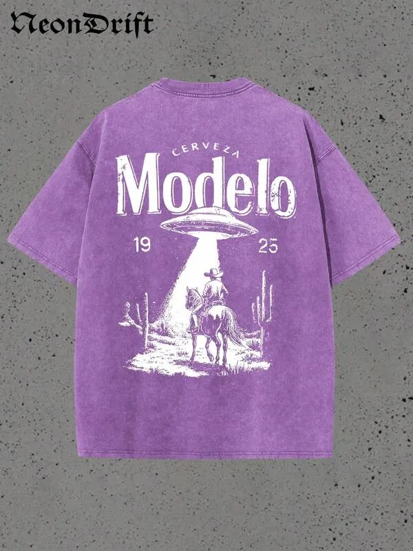 Y2K، رائع، UFO، رياضة خارجية، شوارع حديثة، قميص رجالي عصري من القطن الخالص المغسول بطريقة عتيقة.