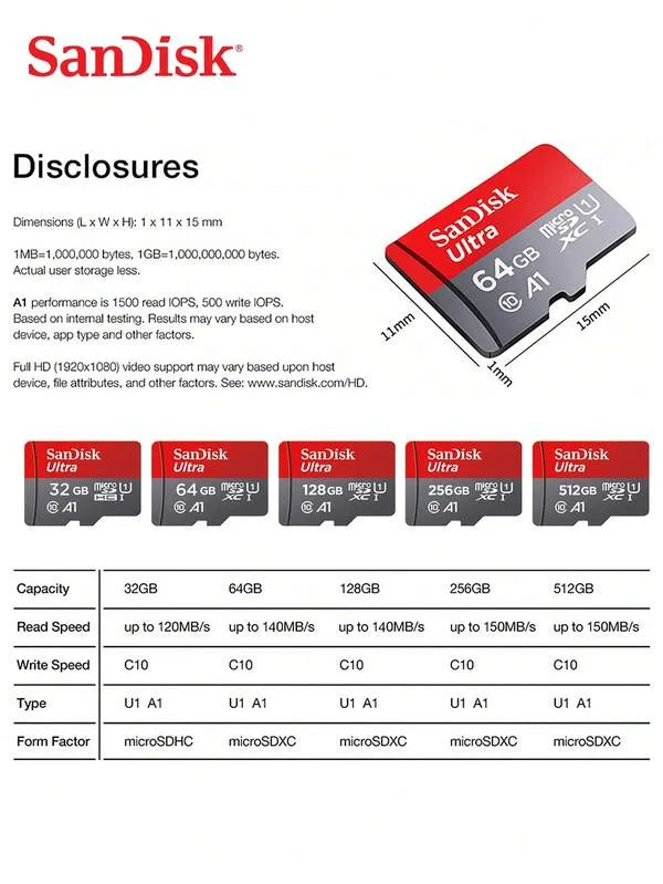 بطاقة ذاكرة SanDisk Micro SD من الفئة 10 MicroSD بسعة 32 جيجابايت و64 جيجابايت و128 جيجابايت و256 جيجابايت و512 جيجابايت A1 Flash Micro SD بسرعة 100 ميجابايت/ثانية وبطاقات TF